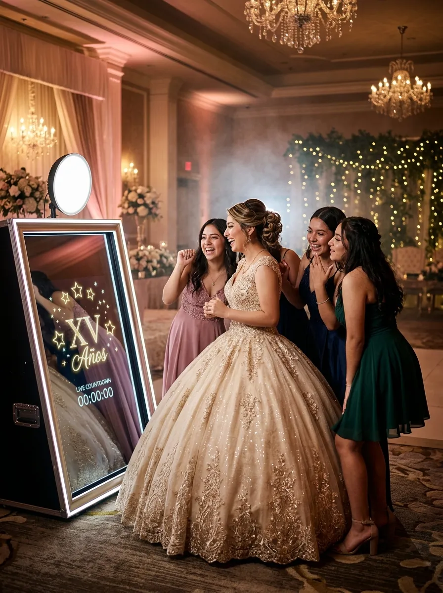 Pareja disfrutando la experiencia Magic Mirror de MIST Experiences en su boda