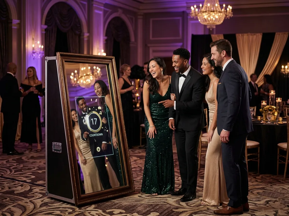 Pareja disfrutando la experiencia Magic Mirror de MIST Experiences en su boda